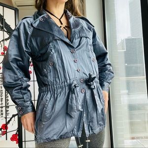 Reformation Jacket Satin Silver Metallic Navy Blue Y2K Styled Soft Collapsable
